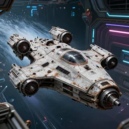 a diy spaceship capable of warp speed, realistic appearance with lots of details like nuts and bolts, rusty parts in the hull. the engines are powered on and we see it from the bridge of a space station, neon cyberpunk by hammershøi