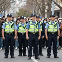 few police lined up, standing against the crowd of protesters with blank posters, сlear sky, concept art, intricate details, highly professionally detailed,, highly detailed -