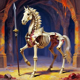 Saturated colors, colorful, vivid, lucid, vibrant. A spiked horse skeleton with armored joints stands in a large cavernous throne room with halberd in hand. Massive shoulderplates. Extremely high detail, realistic, fantasy art, solo, masterpiece, bones, ripped flesh, art by Zdzisław Beksiński, Arthur Rackham, Dariusz Zawadzki, Harry Clarke