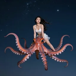 asian woman riding on a flying octopus through the breathtaking night sky