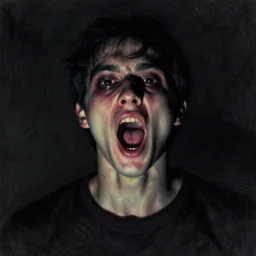 a man with his mouth open in the dark, a pastel by Naza, tumblr, plasticien, creepypasta, demonic photograph, horror film