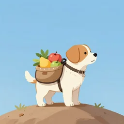 A puppy carrying fruit in a backpack on the top of a hill looking at the city in the distance at a sunset