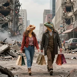 modern city destroyed by war in ruins with rich couple with lizard heads walking around with shopping bags laughing, color photograph very high detail