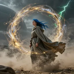 swirls of smoke and dust whirl around a young blue - haired woman wearing a long flowing cloak blowing in the wind, swirling flashes of gold and silver light, traces of green, lightning in distant clouds, cinematic lighting, distant planet, cycles render