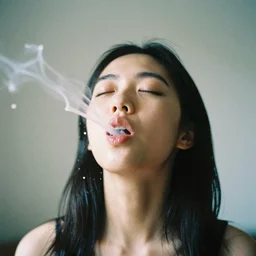 analog photographic portrait with 5 0 mm lens and f / 1 2. 0 of a 2 5 years old woman woman with her eyes closed and spurting from her mouth a white viscous fluid floating in the air. with a slight variation of light in the liquid and gesture.
