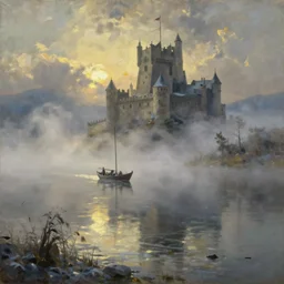 foggy lake in winter with one boat in the middle, a castle in the distance, game of thrones style, oil on canvas