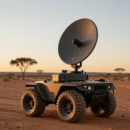 peaceful mobile biomimetic rugged anemometer station sensor antenna on all terrain tank wheels, for monitoring the australian desert,  XF IQ4, 150MP, 50mm, F1.4, ISO 200, 1/160s, dawn, golden ratio, rule of thirds