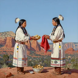 a beautiful painting of native cherokee americans in sedona exchanging food and fabrics at the top of a mountain, highly detailed, art by christophe vacher