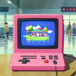 inside airport, commodore 6 4 demo, 8 0 s anime vibe, in the style of kimagure orange road, studio ghibli
