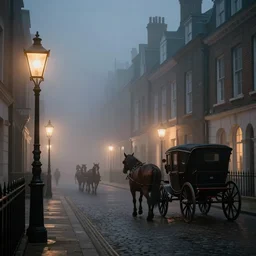 Misty Victorian London street at night, gas lanterns, horse drawn carriages, heavy mist, soft lighting, realistic octane render, 8k