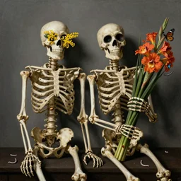 two skeletons leaning on a wall, one with mimosa blossoms in the eye sockets, one holding a bushel of gladioli, butterflies and worms, day of the dead, Dutch masters, still life, classic art