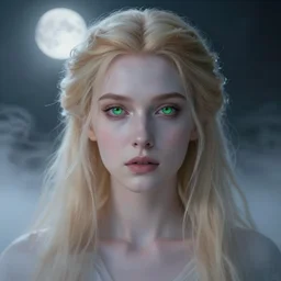 beautiful pale sorceress with a symmetrical face, green eyes, long blonde hair, surrounded by ethereal fog, highly detailed, unreal engine, moonlight