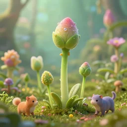 a beautiful picture of close up plant sprouts in a fantasy world full of interesting buds fictional and gorgeous, cute animals walking nearby, 8 k resolution, highly detailed, hdr, artwork, trending on artstation, kinetic art, magic realism