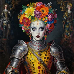 portrait of a medieval warrior yayoi kusama, goth punk, floral flowers, vibrant colors, a flemish baroque by alexander mcqueen, art by john collier by greg rutkowski and craig mullins, oil on canvas