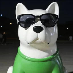 a big white dog sculpture wearing a big sunglasses and a green shirt in night, looking forward, confidently, realistic style, highly detailed portrait, sharp focus,