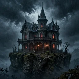 scary haunted victorian mansion in a dramatic cliff, thunderstorm with heavy rain, lovecraftian horror, eerie, dark fantasy, dream - like, perfect composition, beautiful detailed, intricate detailed octane render, unreal engine 5, trending on artstation, 8 k, chiaroscuro, masterpiece, raphael, caravaggio, beksinski, ghibli, greg rutkowski, andreas rocha