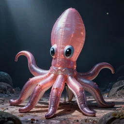 a realistic inflatable squid with cartoon eyes
