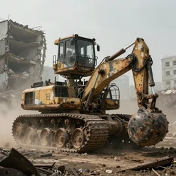 an immense derelict earth mover with multiple cabs with tank turret and demolition ball in front of a demolished building, dystopian, imax, foggy and dusty cyberpunk aesthetic