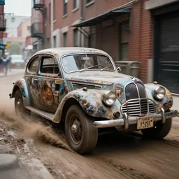 street photography by saul leiter, award winning photo of an ultra detailed intricate dirty vintage ford car speeding extremely fast on mud in a narrow new york alley, fast shutter speed, motion blur, tiny gaussian blur, highly detailed, highly intricate, depth of field, trending on top gear