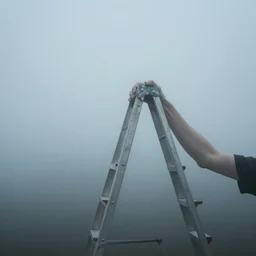 a ghostly m.hand holding a step ladder emerges from the mist