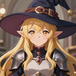 magical bombshell cute anime elf witch hat long blonde hair, warrior armor. symmetrical face. symmetrical detailed defined eyes. beautiful lineart. bokeh pixiv # 1 ranking depth focus, chromatic aberration, noise, soft lighting, srgb, 4 k, cinematic rembrant kuvshinov ross tran craig mullins leyendecker wlop guweiz