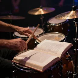 award winning photography of a book playing the drums, dance club, 40mm lens, shallow depth of field, split lighting