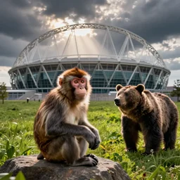 national geographic photograph of a monkey, and a bear, outside of wembley stadium