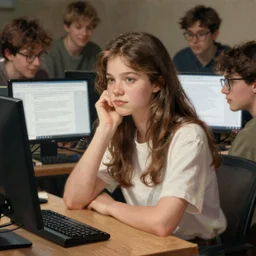 an e - girl trying to learn c # surrounded by mid tech bros overwhelming her with bad advice in the style of a norman rockwell painting