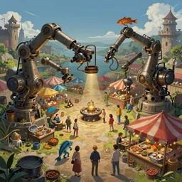 an intricate concept art, illustration, fantasy micro - world of an fantasy creatures fish market, mechanical cooking arms, ultra photorealistic, ultra sharp, pinterest, artstation, cgsociety, pinterest, digital art, anime colors, style by ivan talavera and wlop, hyperrealistic, octane render, 8 k