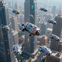 a horde of miniature spaceships made of microscopic, multi-colored glitter flies between skyscrapers in a cyberpunk city of the future