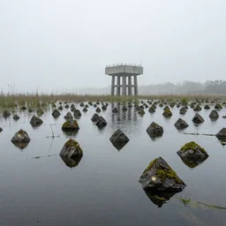 A swamp with many natural stone spikes rising from the water. A concrete and steel structure is impaled by taller spikes in the distance shrouded by fog