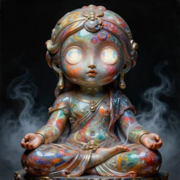 a baroque neoclassicist sci - fi close - up portrait of a colorful chrome marble being meditating with big glowing eyes. iridescent textures. glowing fog, black background. highly detailed fantasy science fiction painting by moebius, norman rockwell, frank frazetta, and syd mead. rich colors, high contrast, artstation