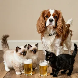 Cavalier King Charles Spaniel, two ragdoll kittens and one black cat drinking beer in the style of norman rockwell