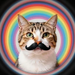 a cat wearing a fake mustache, rainbows, bright colors, psychedelic, fish eye lens, vector art, fantasy poster by helen huang and frank frazetta and salvador dali and norman rockwell,