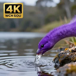 Close up photo of a Purple Tornado, drinking water from a lake in Tasmania, bokeh, 100mm lens, 4K award winning nature photography
