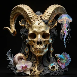 fully black background. background hex 000000. goddess princess face close-up portrait ram skull. sculpture made of gold and black charcoal and dichroic glass. jellyfish phoenix head, nautilus, orchid, skull, betta fish, bioluminiscent creatures, intricate artwork by Tooth Wu and wlop and beeple. octane render, trending on artstation, greg rutkowski very coherent symmetrical artwork. cinematic, hyper realism, high detail, octane render, 8k