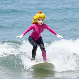 princess peach in a wetsuit surfing