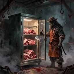 meat locker, feral butcher, leather apron, meat cleaver, hooks from the ceiling, graphic novel style, digital painting, super - resolution, volumetric fog, ominous, creepy, creepypasta, dripping blood, perspective