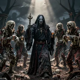 hyper realistic photography of drunk necromancer with his zombie buddies