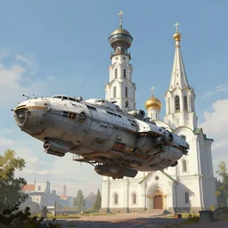 a large dieselpunk spaceship is standing in the air over a splendid white church in russia, full morning sun, matte painting by craig mullins, greg rutkowski, james gurney