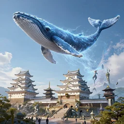 massive flying whales with water aura jumps over himeji temple, mutiversal otherworldly realm, intricate luxurious scifi shrines, star trek style, by peter mohrbacher, jeremy mann, francoise nielly, james jean, ross tran, beautiful, award winning scenery, clean details, serene