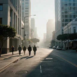 people going to their office walking on wide side road,modern san francisco,misty morning with long shadows,fan ho photography
