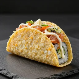 professional food photography, a giant sushi roll in the shape of a taco, highly detailed beautiful