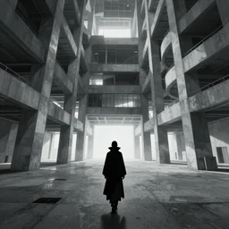 a cloaked, lonely vampire wandering a vast, infinite brutalist megastructure interior, drawn by tsutomu nihei
