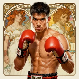 muay thai tony jaa, art by artgerm and greg rutkowski and alphonse mucha, portrait, highly detailed, digital painting, trending on artstation, concept art, sharp focus, illustration