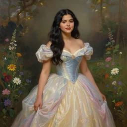 beautiful thirty year old woman with long black hair, tan skin, curvy hourglass figure, round cute face, slight resemblance to selena gomez and vanessa hudgens wearing a modest colorful disney princess gown in a field of flowers. beautiful painting by artgerm and greg rutkowski lois van baarle and bouguereau
