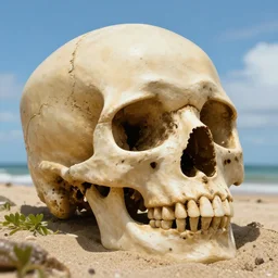 a giant human skull found on a beach, greg rutkowski, hyperdetailed, hyperrealistic, 4 k, deviantart, artstation, professional photography, concept art, art by notchalla