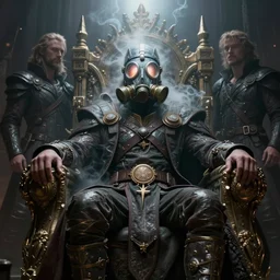 scifi fantasy portrait of a glowing gas mask fog king on a throne by Mike Mignola and ivan shishkin and Annato finnstark