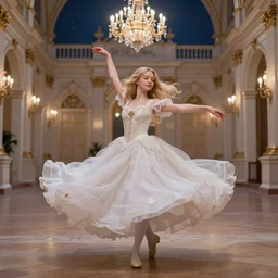 a young girl with blond hair danced in the splendid palace, palace dance, dreamy, romantic, night lighting, highly detailed, expressive impressionist style, 8 k