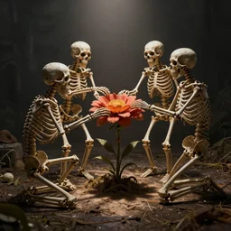 skeletons encircling a flower, gauche